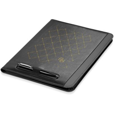 Angled shor of the A4 Black and Gold Zip-Around Folder with pen and intricate gold pattern print.