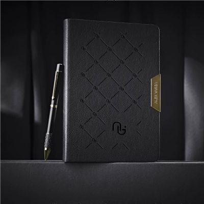 Moody product shot of the Swarovski Crystal Pen and Notebook Gift Set with laser engraved branding